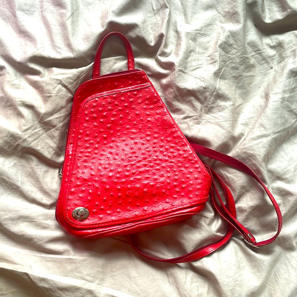 Super unique red textures leather backpack purse